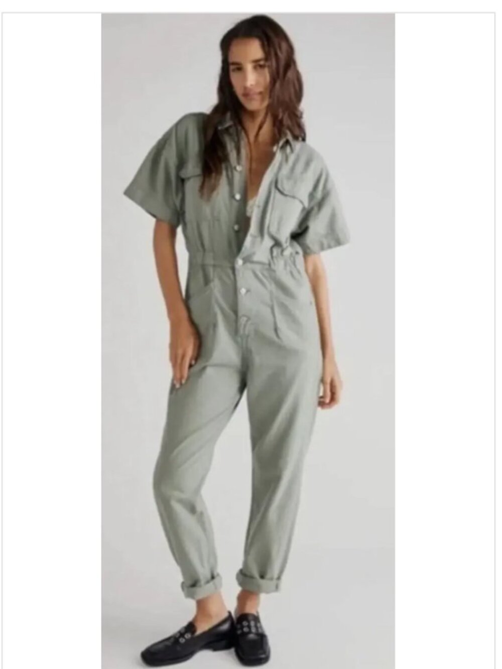 Free People Marci Coverall Denim Jumpsuit Collared Short Sleeve Sage Green M